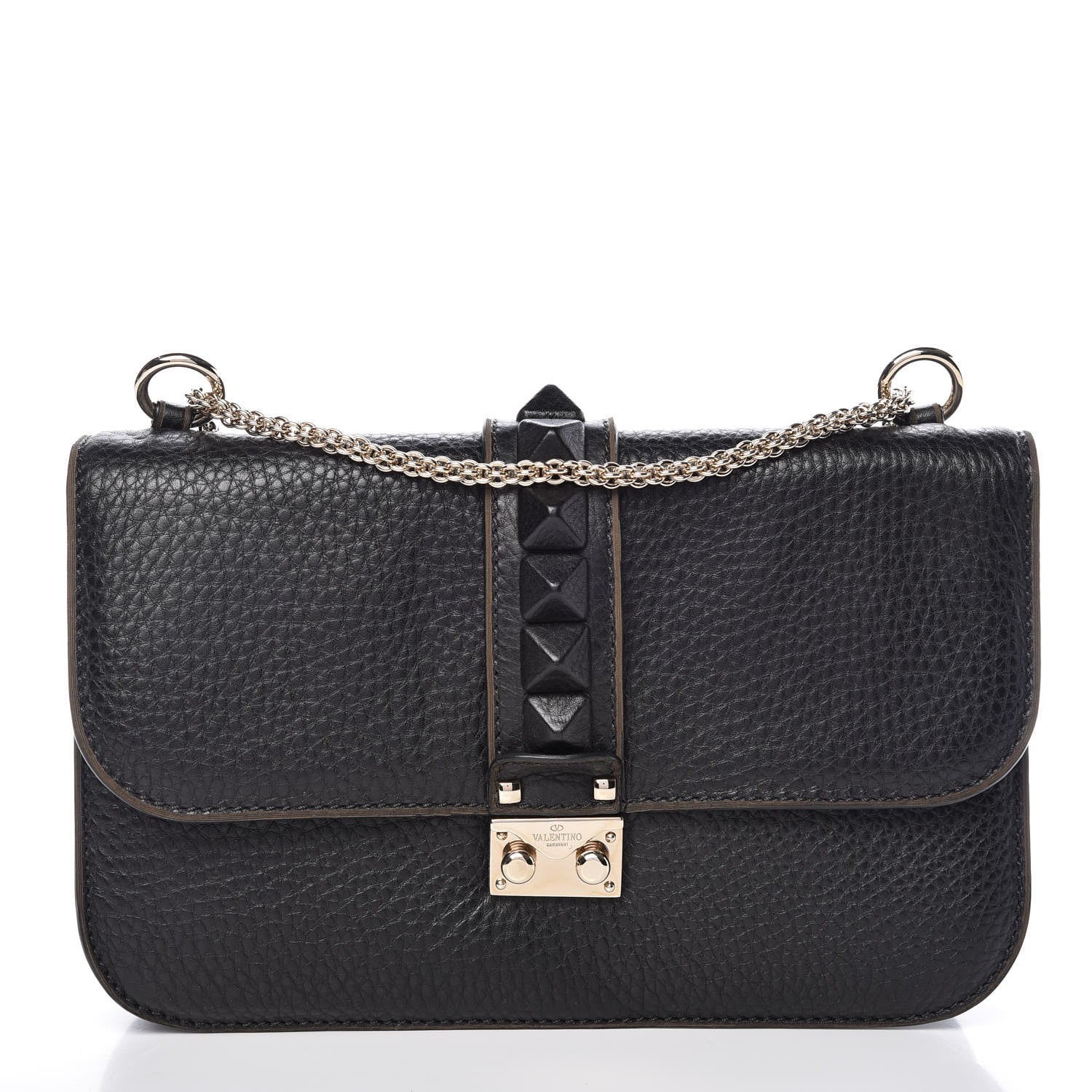 Valentino Garavani Pebbled Calfskin Medium Glam Lock Rockstud Flap Black 1 of 12