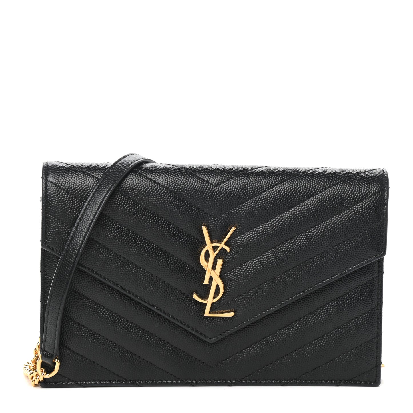 Grain De Poudre Matelasse Chevron Monogram Envelope Chain Wallet Black