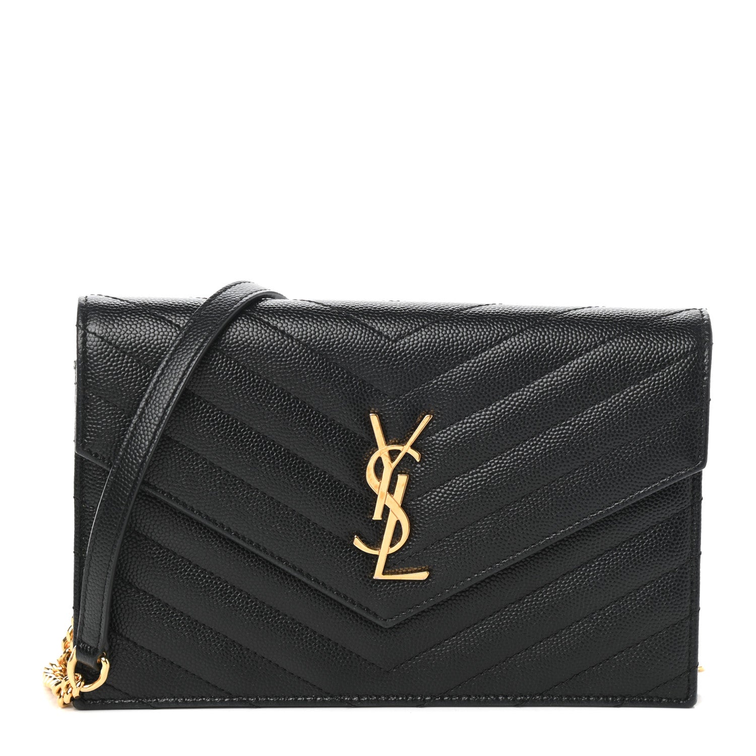 Saint Laurent Grain De Poudre Matelasse Chevron Monogram Envelope Chain Wallet Black 1 of 8