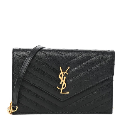 Saint Laurent Grain De Poudre Matelasse Chevron Monogram Envelope Chain Wallet Black 1 of 8