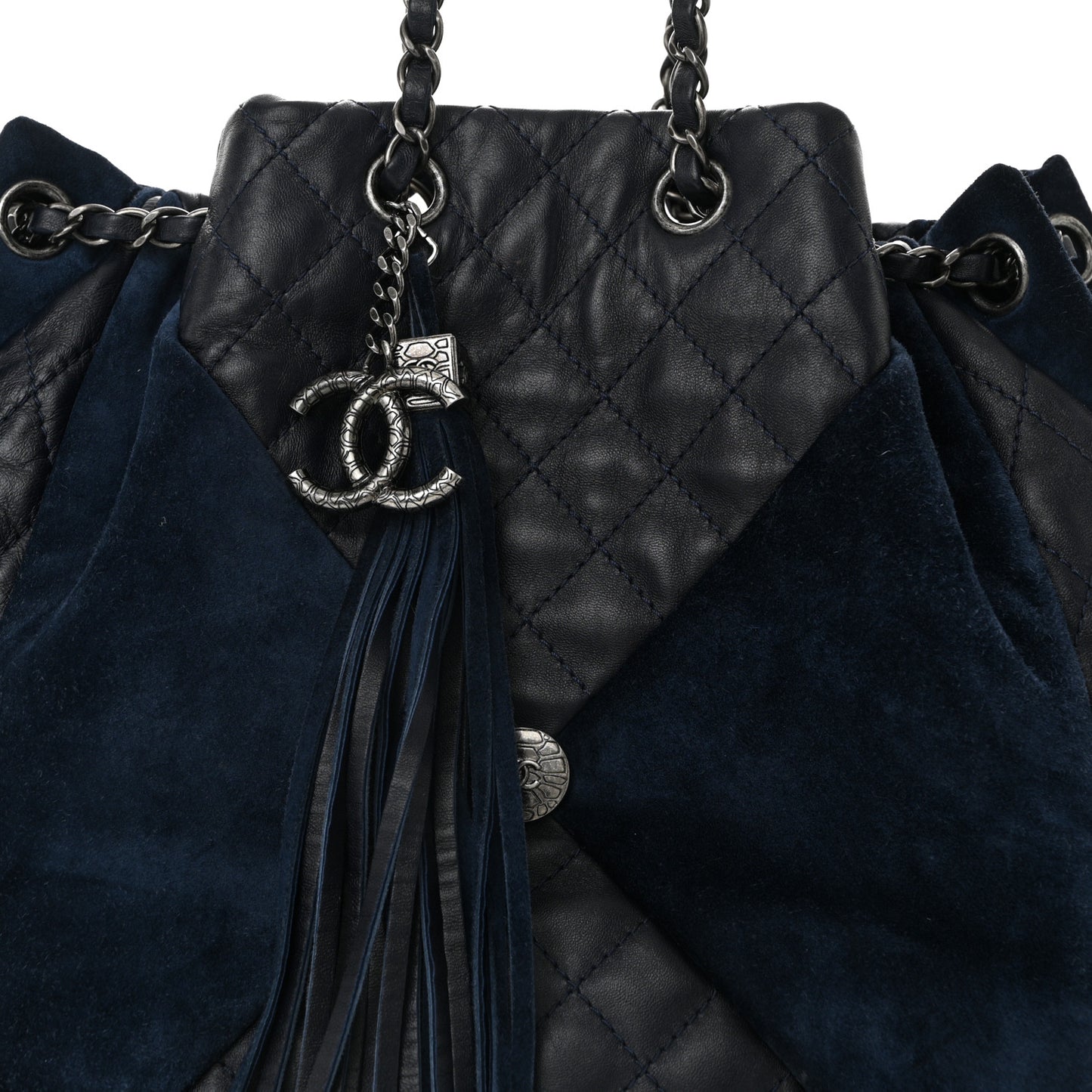 Goatskin Suede Calfskin Quilted Patchwork Drawstring Bag Blue