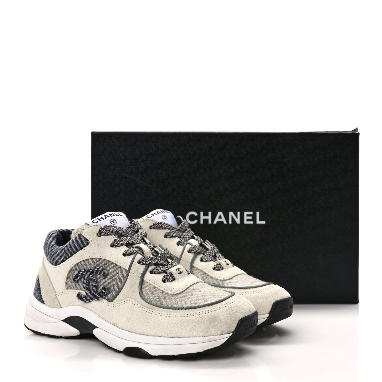 Fabric Suede Calfskin Womens CC Sneakers 37 Ivory Light Gray White Blue