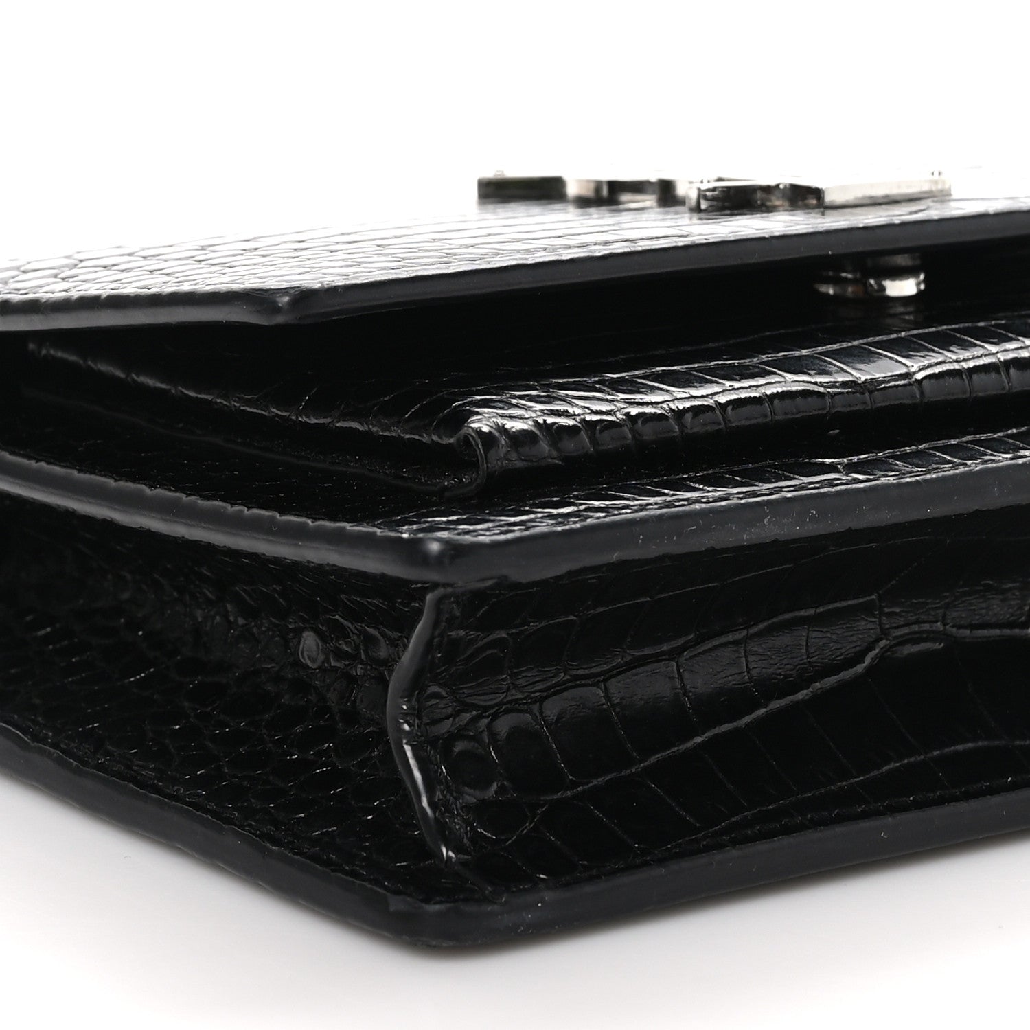 Saint Laurent Calfskin Crocodile Embossed Monogram Sunset Top Handle Chain Wallet Black 8 of 9
