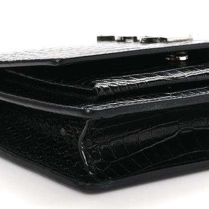 Saint Laurent Calfskin Crocodile Embossed Monogram Sunset Top Handle Chain Wallet Black 8 of 9
