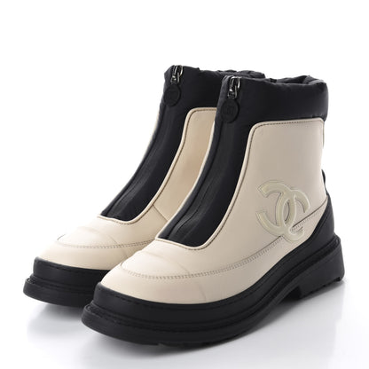 Chanel Calfskin Nylon CC Ankle Snow Boots 37 Beige Black 3 of 10
