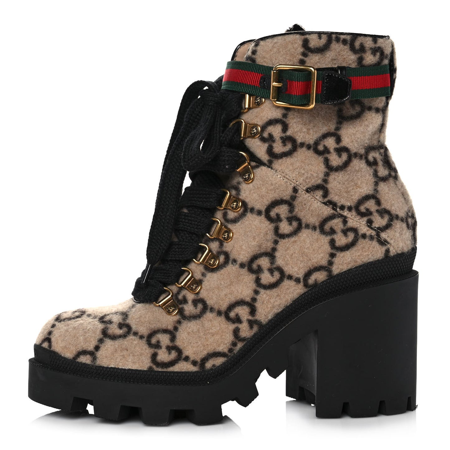 Covered Wool GG Monogram Womens Lace Up Combat Ankle Boots 38 Beige Ebony Black
