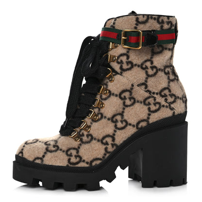 Gucci Covered Wool GG Monogram Womens Lace Up Combat Ankle Boots 38 Beige Ebony Black 1 of 9