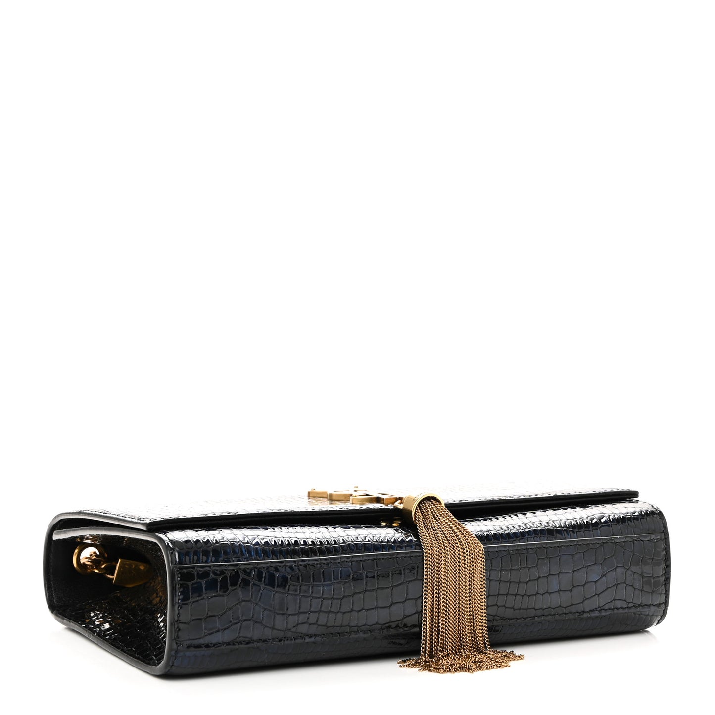 Calfskin Crocodile Embossed Medium Classic Monogram Kate Tassel Satchel Black Blue