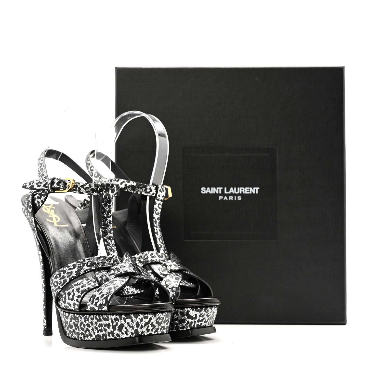 Saint Laurent Metallic Calfskin Leopard Print Tribute 105 Platform Sandals 38  Black Silver 12 of 12
