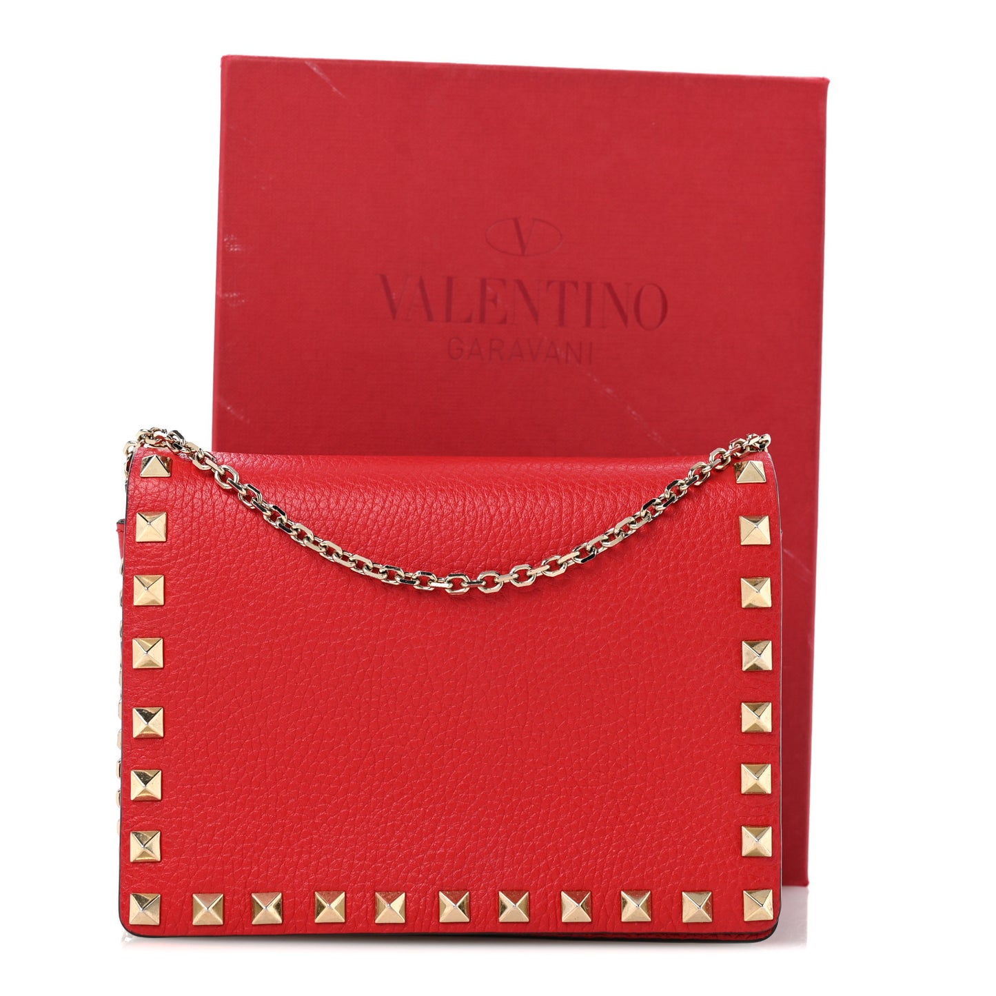 Pebbled Calfskin Rockstud Wallet on Chain Rouge Pur