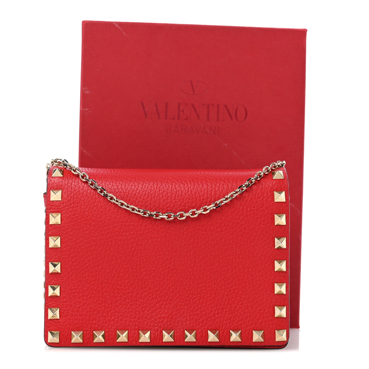 Valentino Garavani Pebbled Calfskin Rockstud Wallet on Chain Rouge Pur 12 of 12