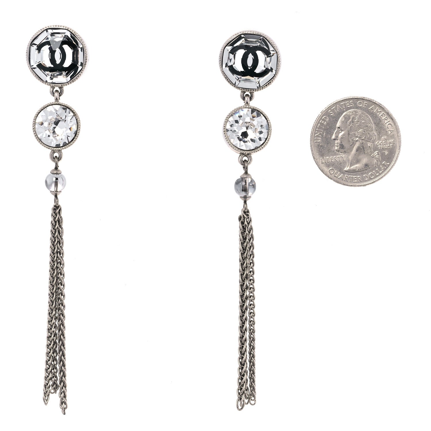 Chanel Crystal CC Chain Tassel Drop Earrings Grey 2 of 4