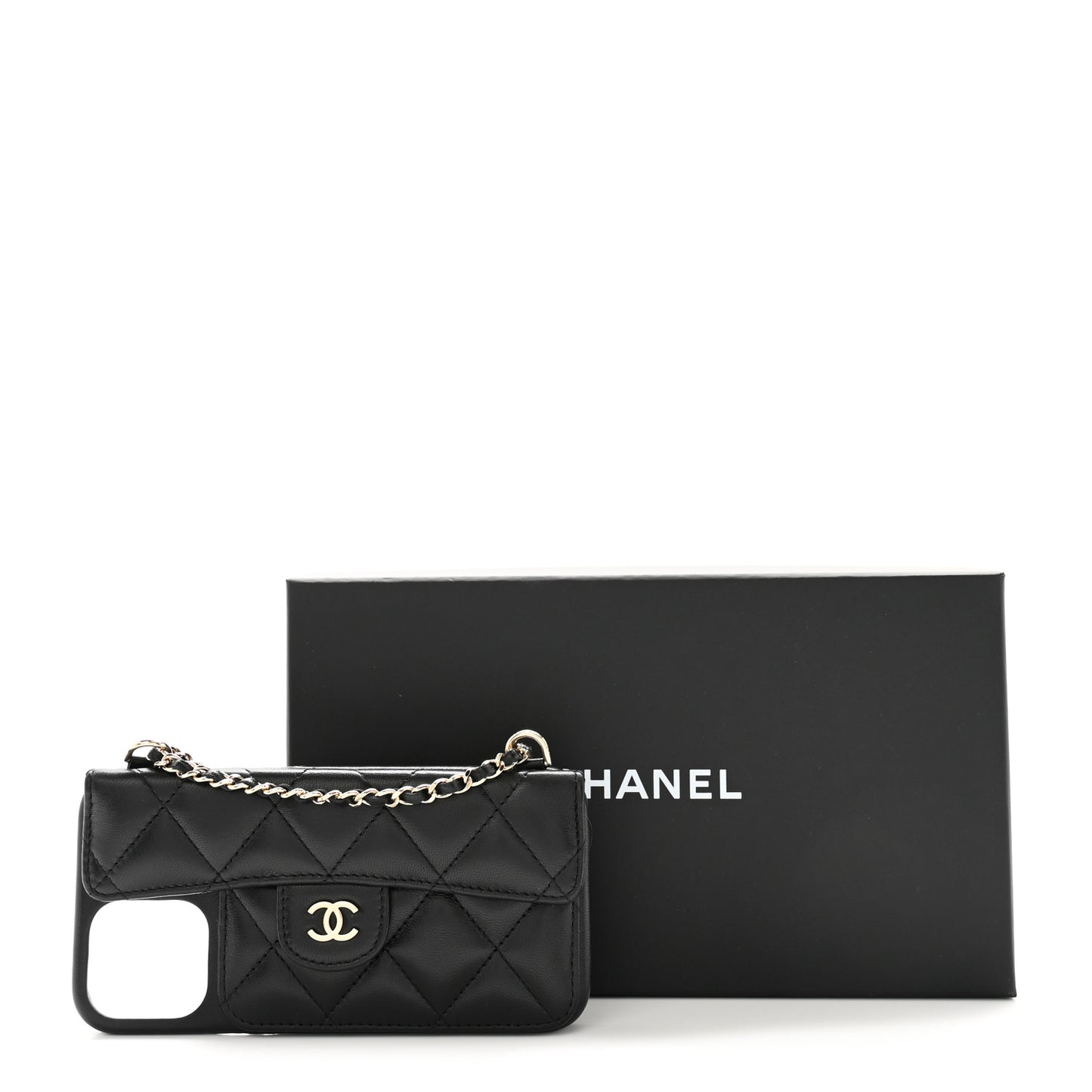 Lambskin Quilted Pearl Crush iPhone XII Pro Holder With Chain Black