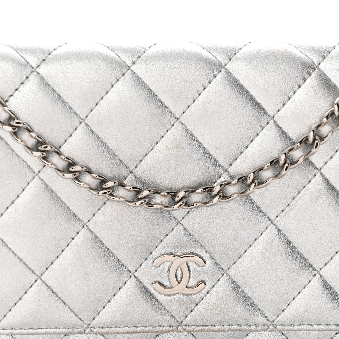 Metallic Lambskin Quilted Wallet On Chain WOC Silver Gold