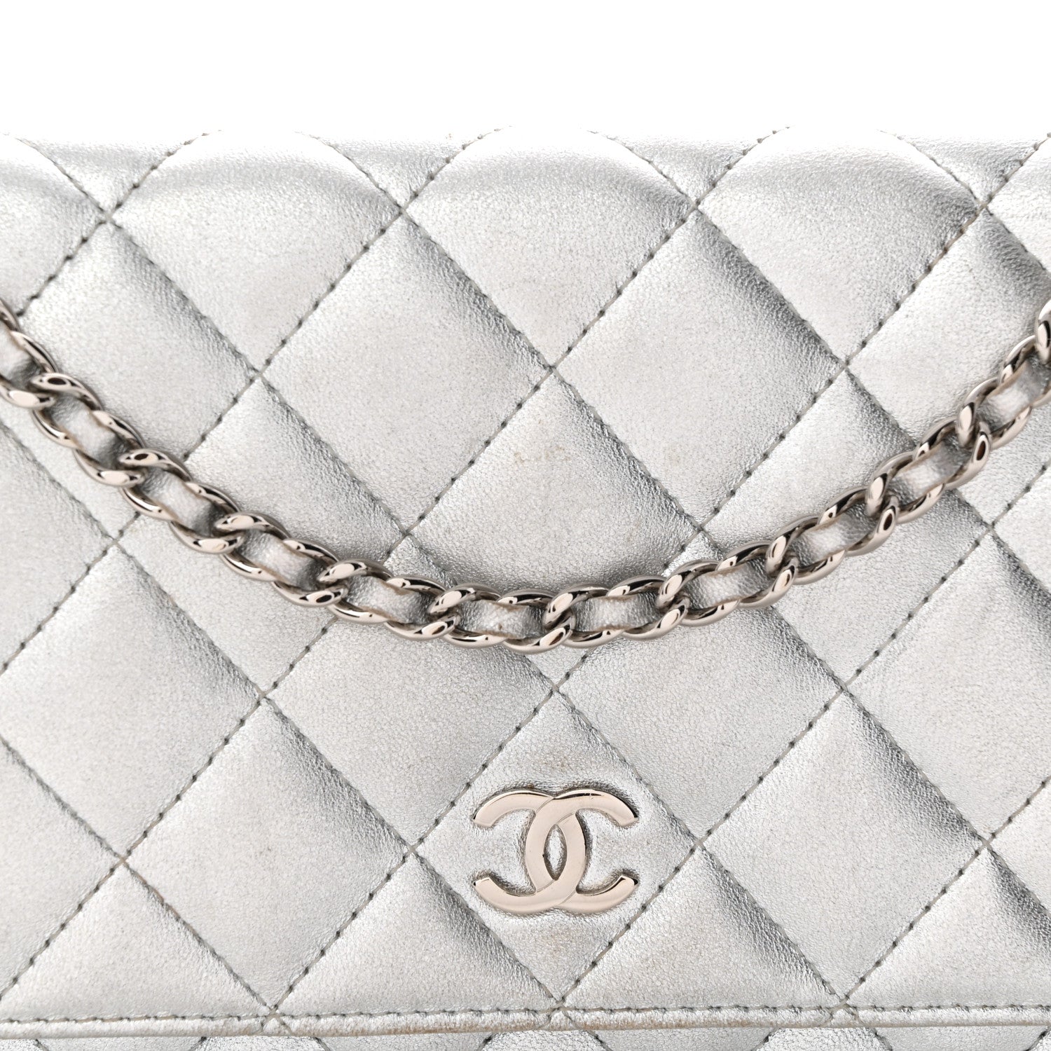 Chanel Metallic Lambskin Quilted Wallet On Chain WOC Silver Gold 9 of 14