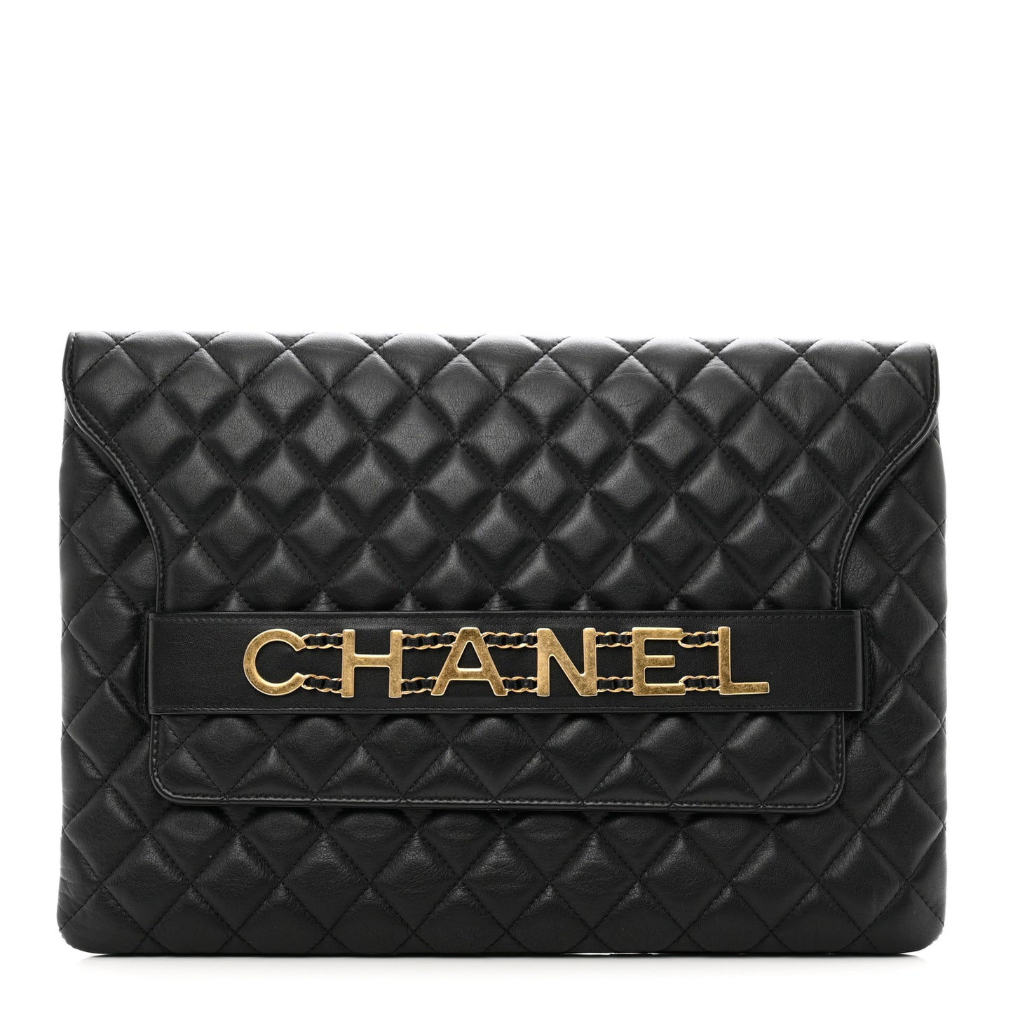 Calfskin Quilted Front Logo Enchained Clutch Black