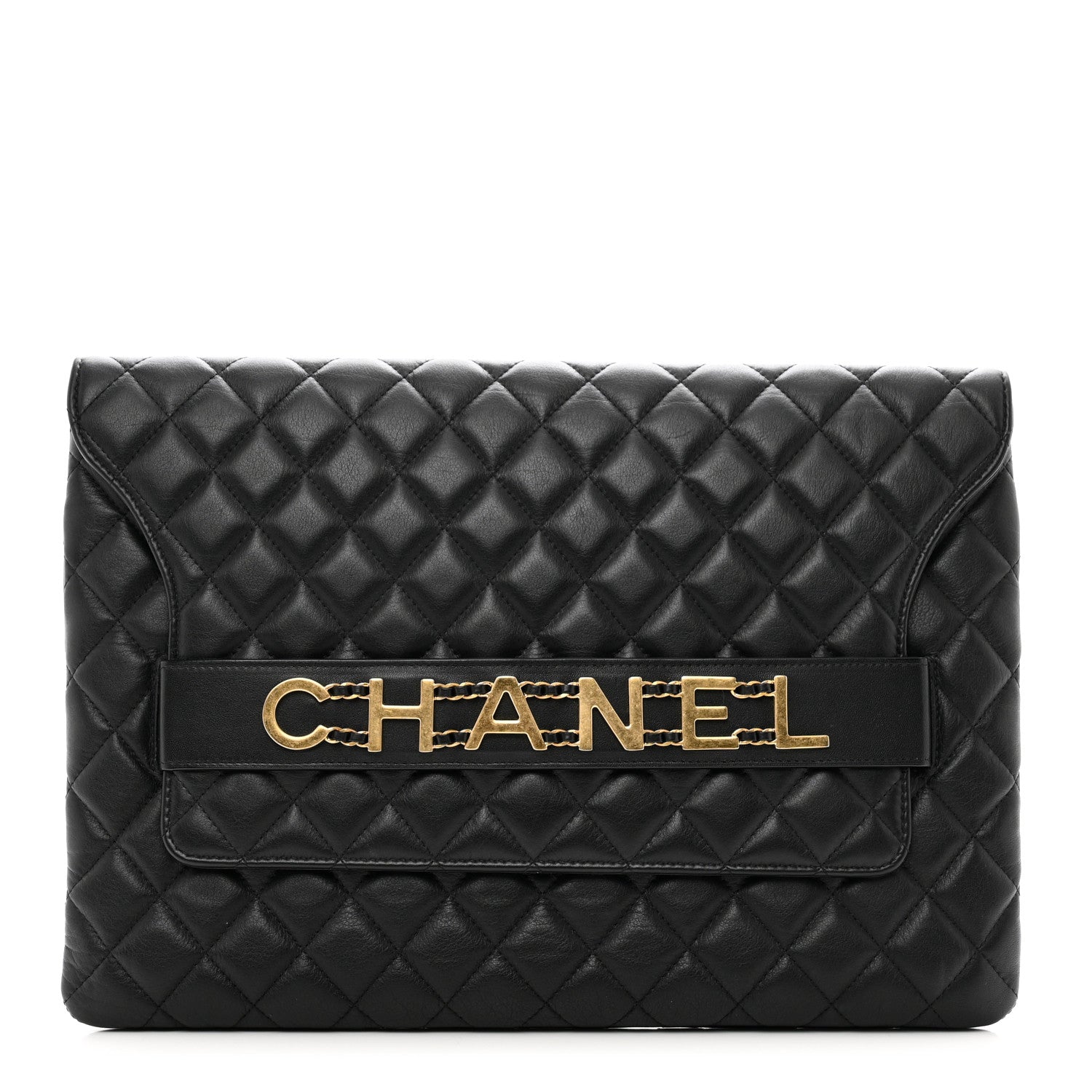 Chanel Calfskin Quilted Front Logo Enchained Clutch Black 1 of 10
