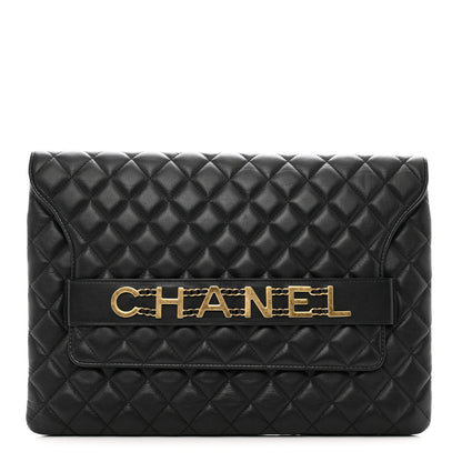 Chanel Calfskin Quilted Front Logo Enchained Clutch Black 1 of 10
