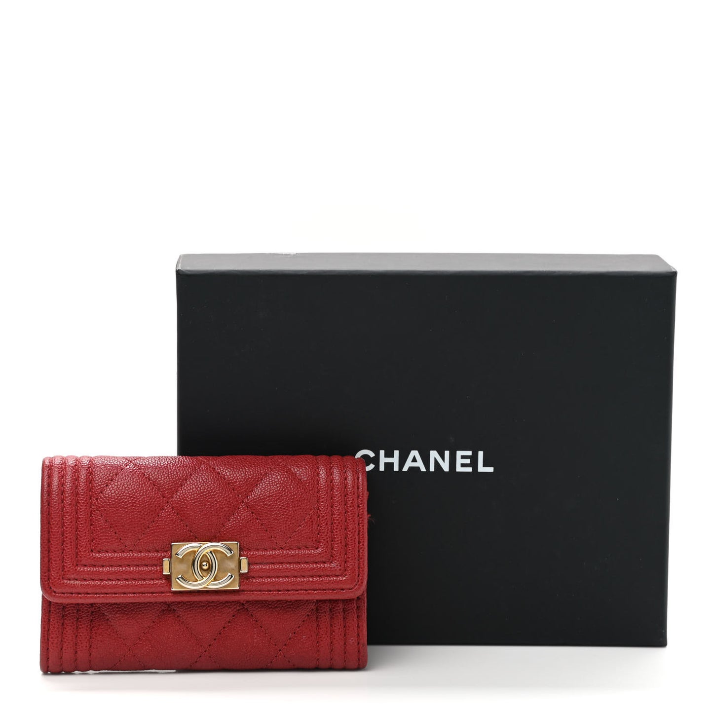 Caviar Quilted Boy Flap Card Holder Wallet Red