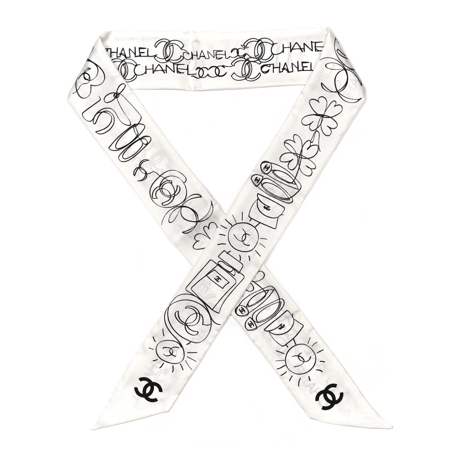 Chanel Silk Slim Bandeau Scarf White Black 1 of 3