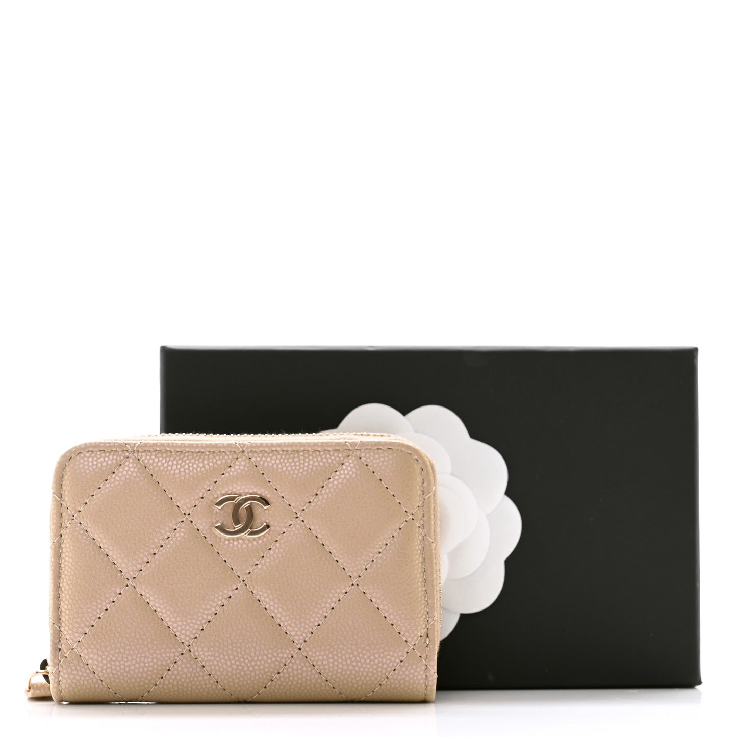 Iridescent Caviar Quilted Zip Around Coin Purse Beige