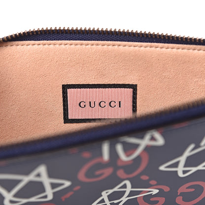 Gucci Calfskin GucciGhost Print Pouch Blue Agata Hibiscus Red 8 of 9