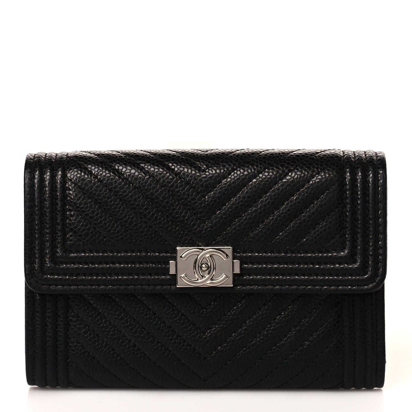 Caviar Chevron Quilted Medium Boy Flap Wallet Black