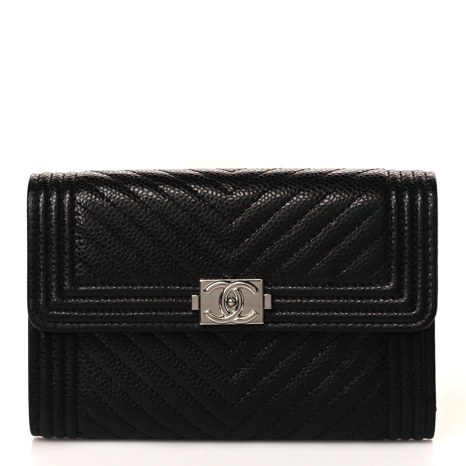Chanel Caviar Chevron Quilted Medium Boy Flap Wallet Black 1 of 9