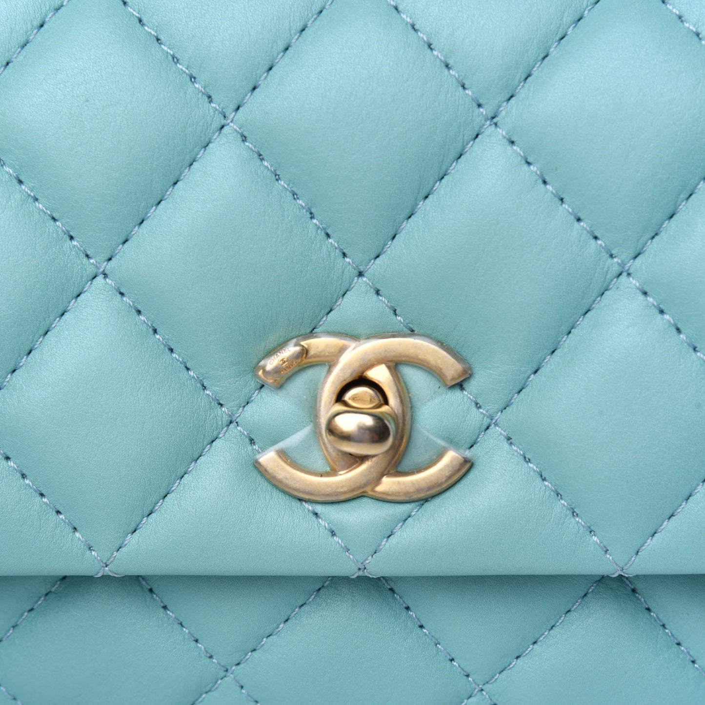 Calfskin Quilted Top Handle Flap Light Blue