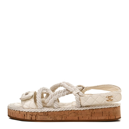 Chanel Cord Lambskin Quilted Logo Sandals 38 White 1 of 10