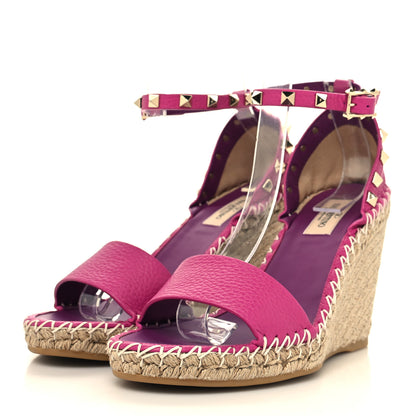 Valentino Garavani Grained Calfskin Rockstud Ankle Strap Espadrille 15/105mm Wedge Sandals 38 Rose Violet Prune 3 of 9