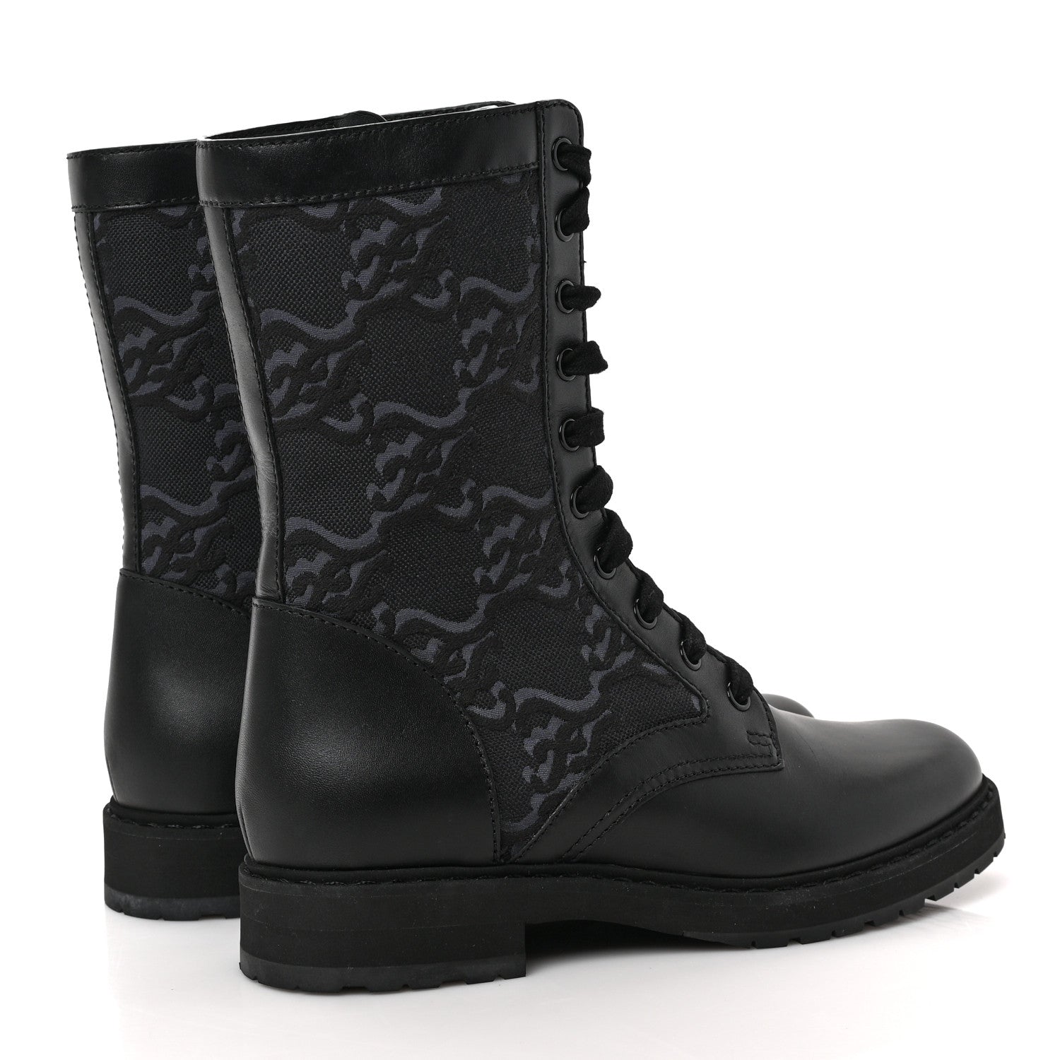 Fendi Vitello Fabric Jacquard Karligraphy Embroidered Womens Combat Boots 38 Black 4 of 7