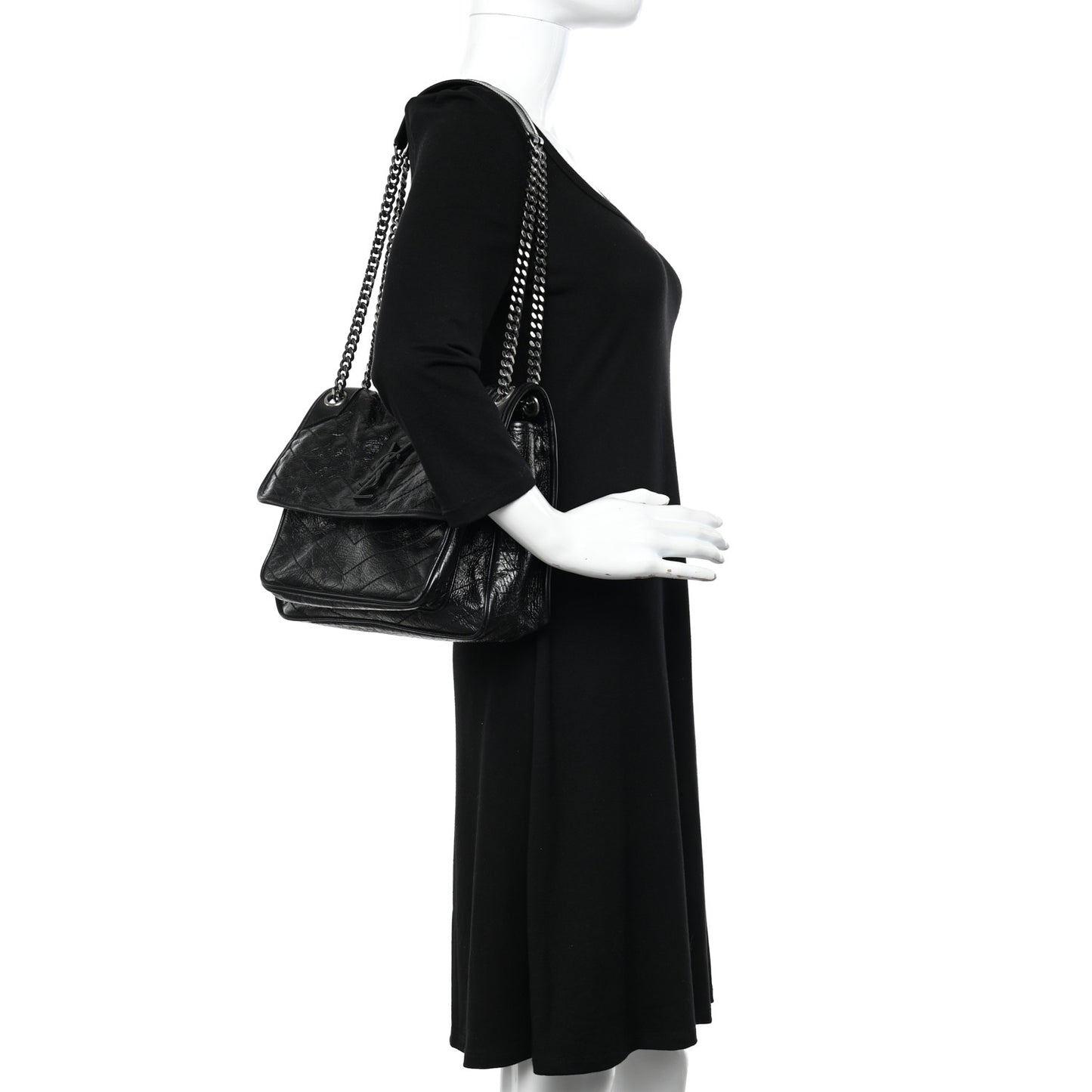 Crinkled Calfskin Matelasse Monogram Medium Niki Chain Satchel Black
