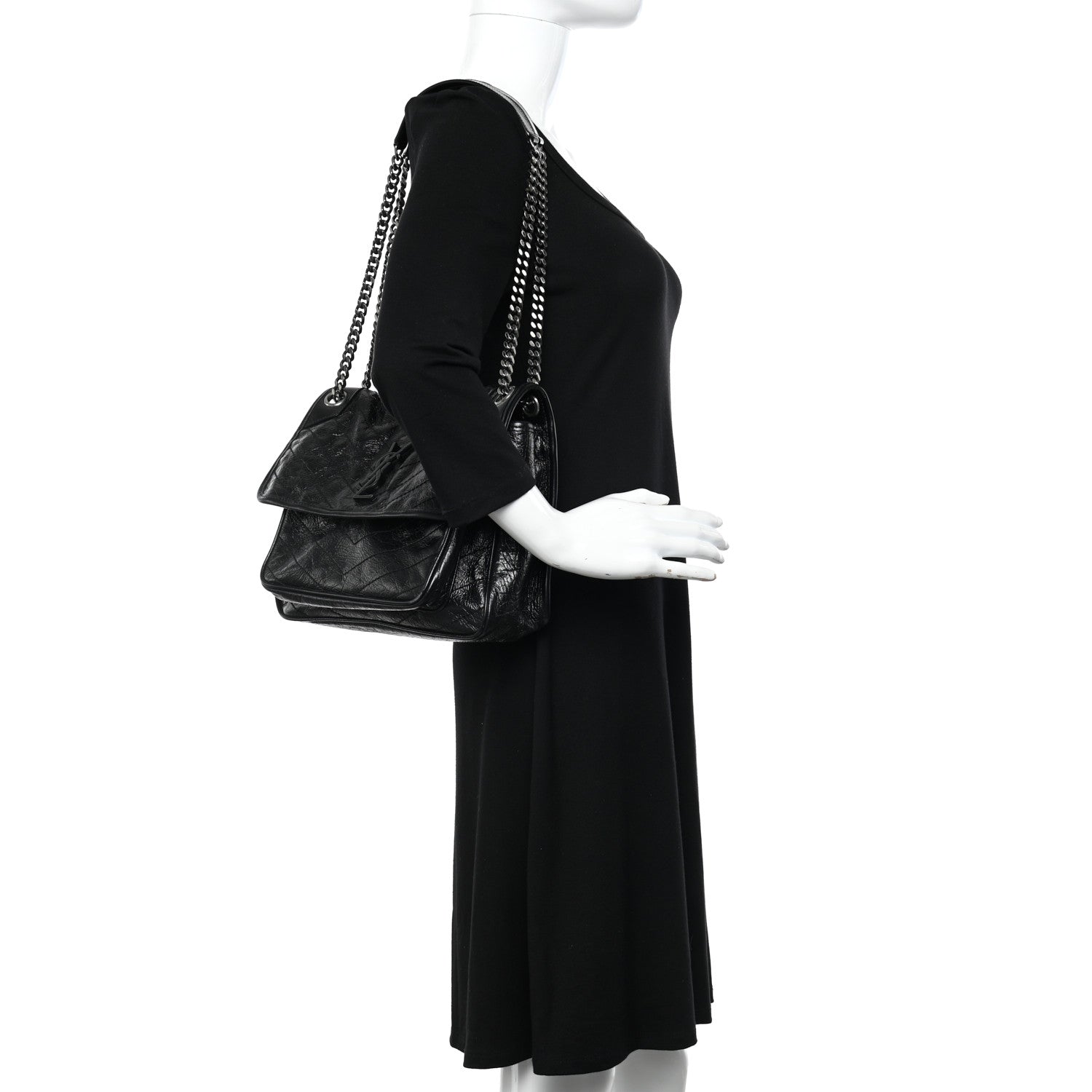 Saint Laurent Crinkled Calfskin Matelasse Monogram Medium Niki Chain Satchel Black 2 of 10