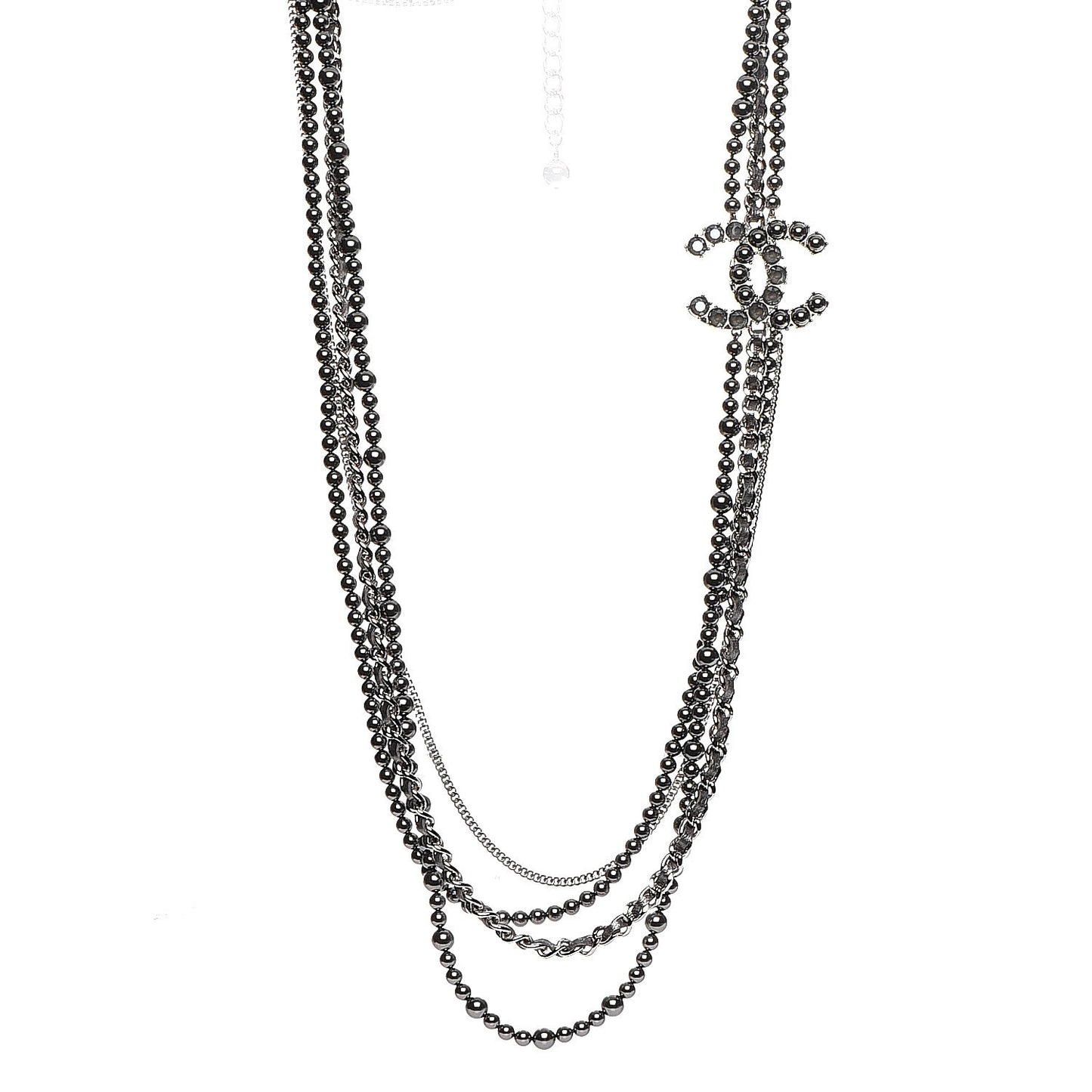 Pearl Chain Strass CC Long Multistrand Necklace Dark Grey
