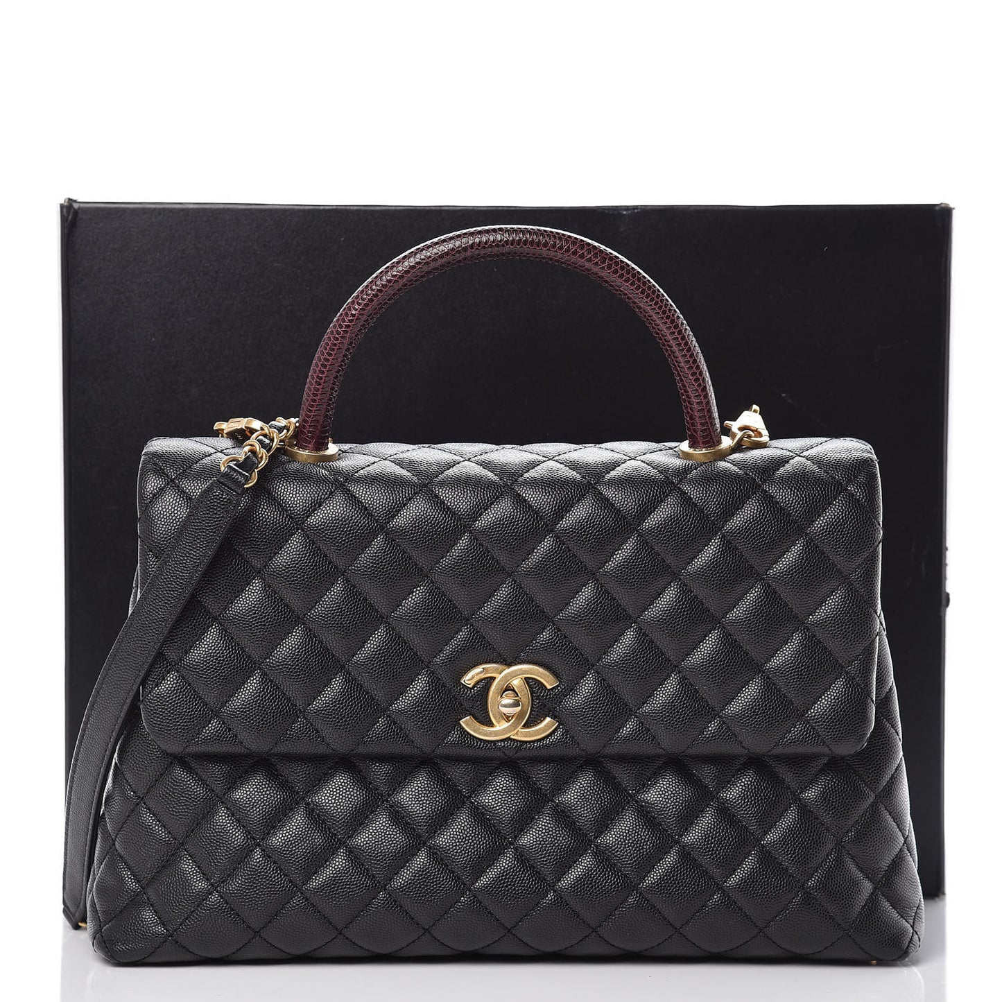 Caviar Lizard Quilted Medium Coco Handle Flap Black