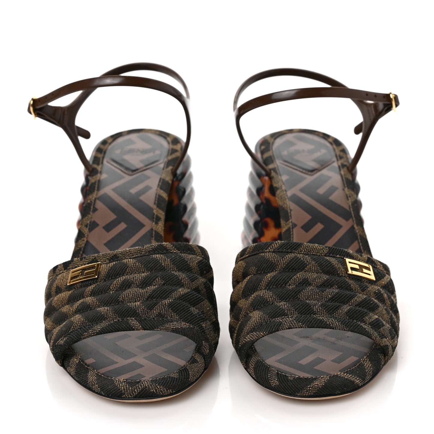 Jacquard Calfskin FF Tortoise Promenade Ankle Strap Loafer Pumps 38 Tobacco