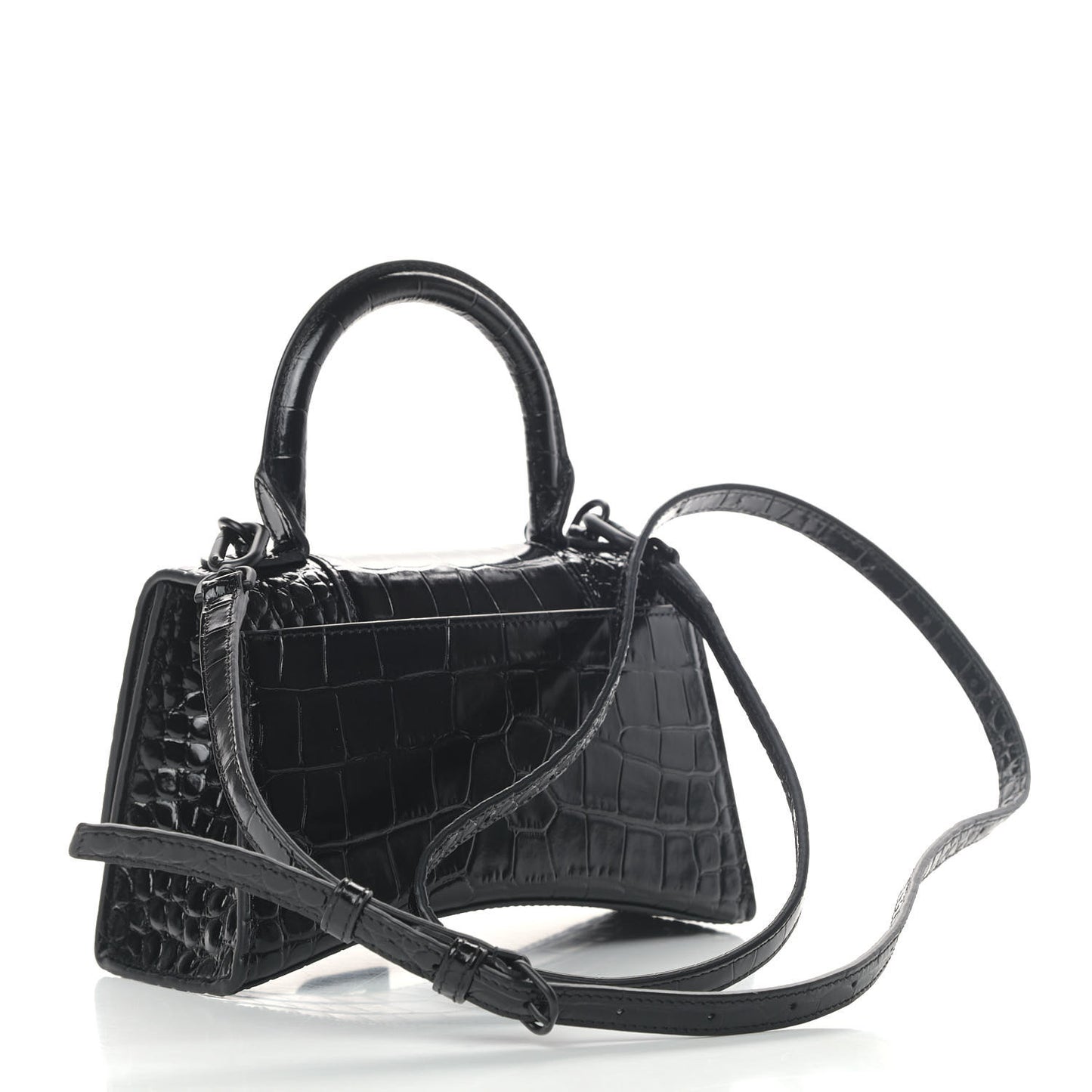 Shiny Calfskin Monochrome Crocodile Embossed Hourglass Top Handle Bag XS Black