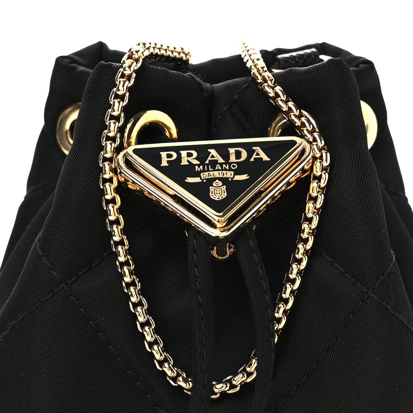 Re-Nylon Quilted Metal Triangle Logo Mini Drawcord Pouch Shoulder Bag Black