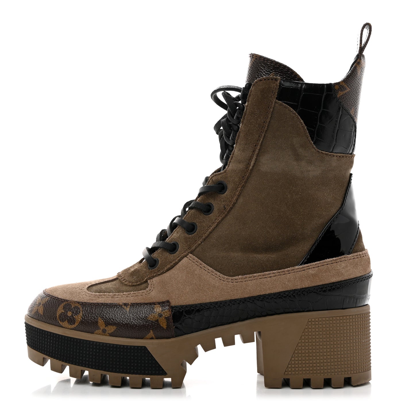 Suede Calfskin Crocodile Embossed Patent Monogram Laureate Platform Desert Boots 37 Taupe