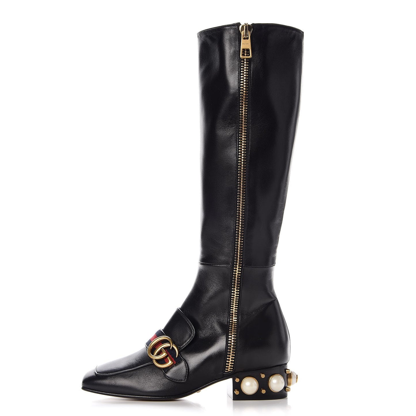 Nappa Web Pearl Embellished GG Full Zip Boots 35 Black
