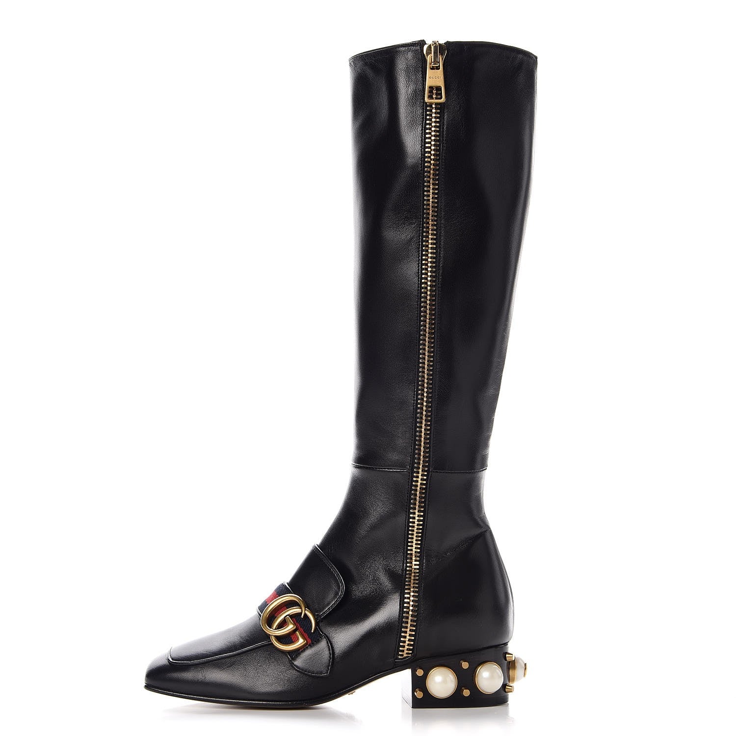 Gucci Nappa Web Pearl Embellished GG Full Zip Boots 35 Black 1 of 8