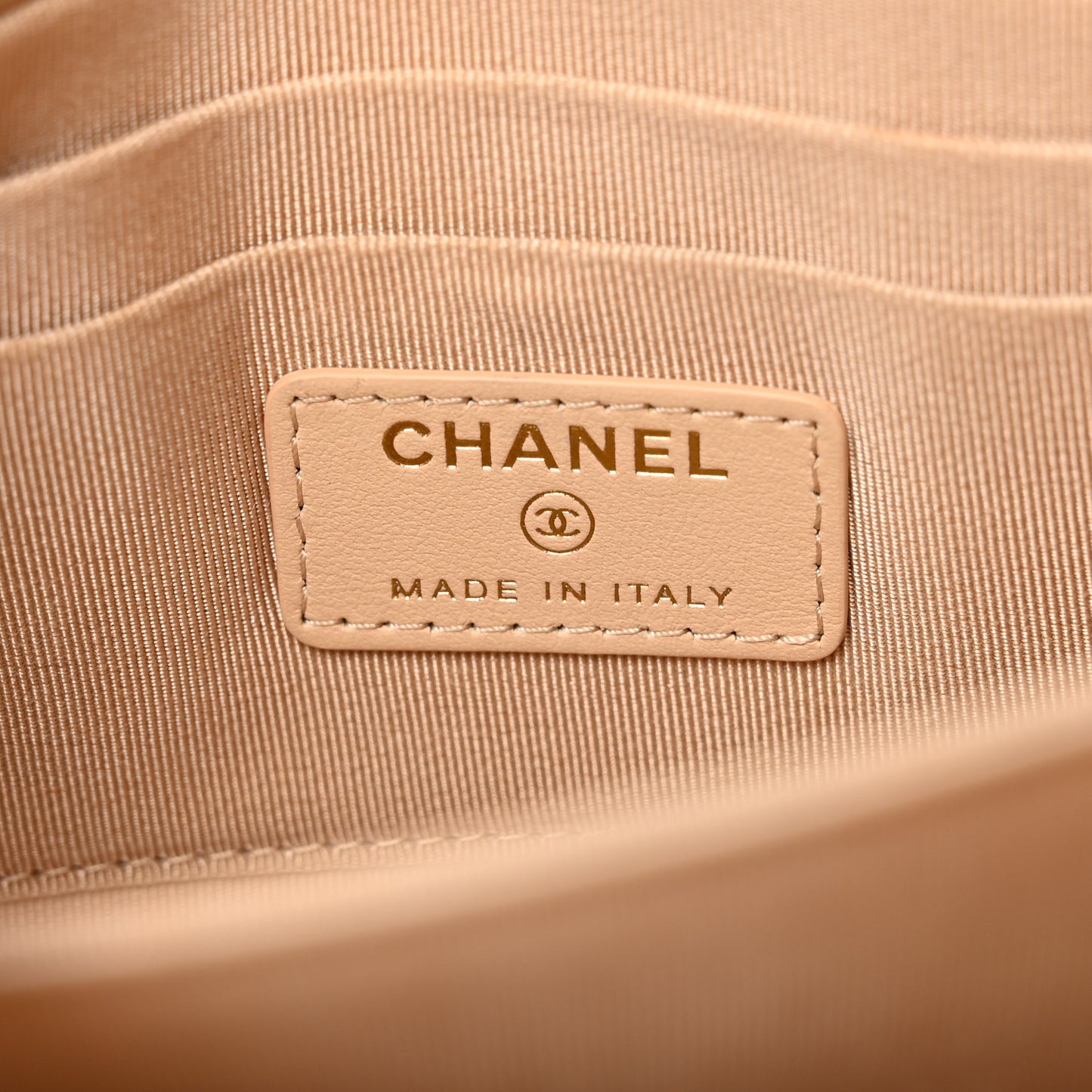 Shiny Goatskin Quilted Chanel 19 Small Pouch With Handle Beige