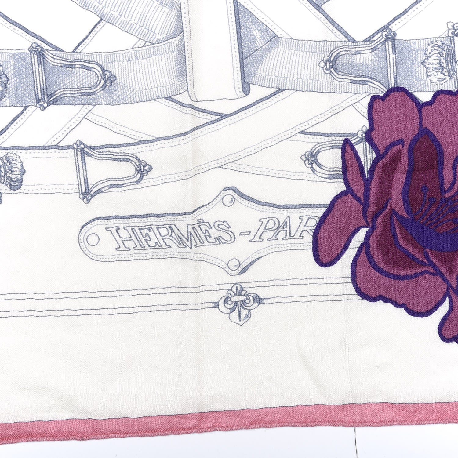 Hermes Cashmere Silk Cavalcadour Shawl 140 Blanc Violet Rose 2 of 6