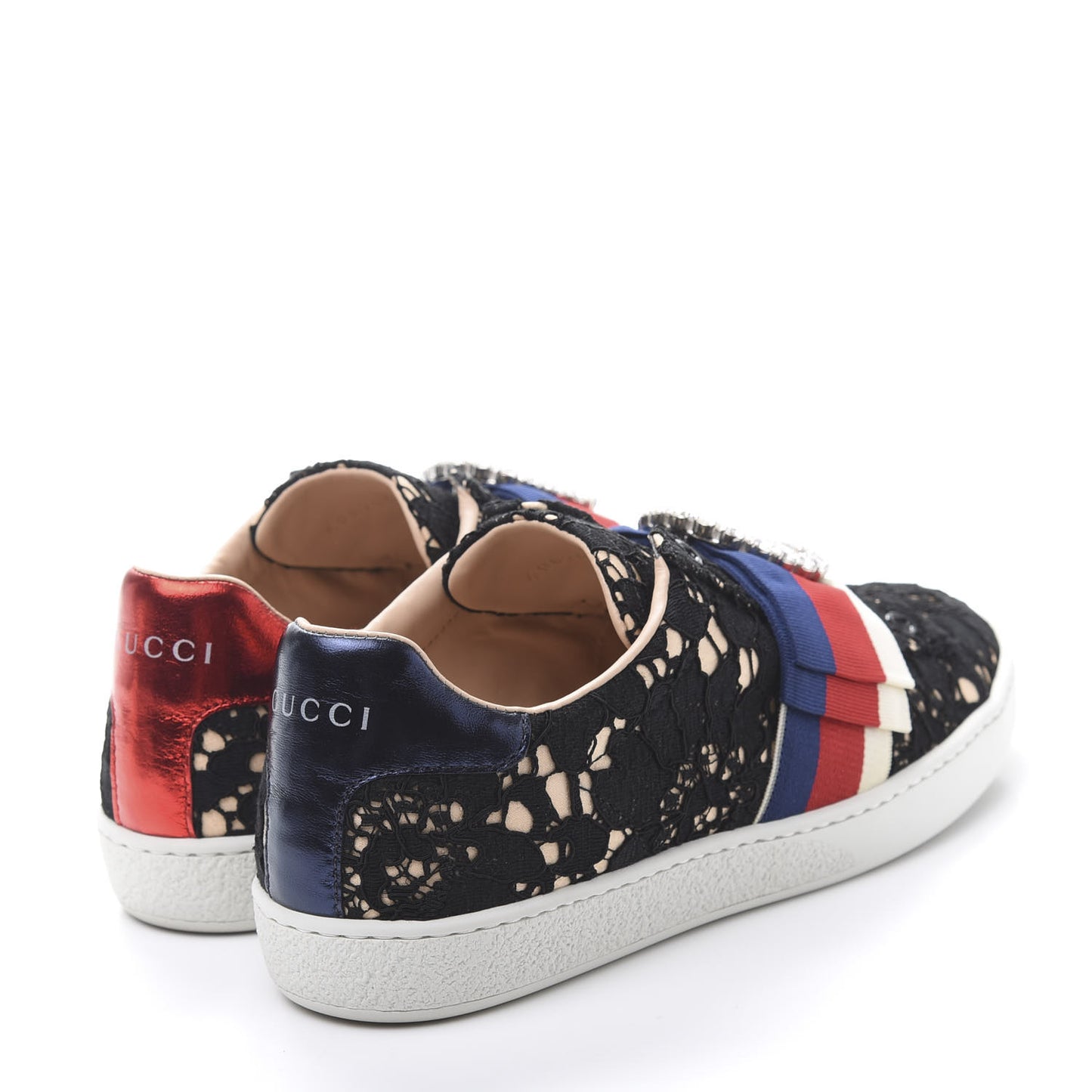Lace Crystal Sylvie Web Flower Leaf Womens Ace Sneakers 35.5 Black Tan Beige
