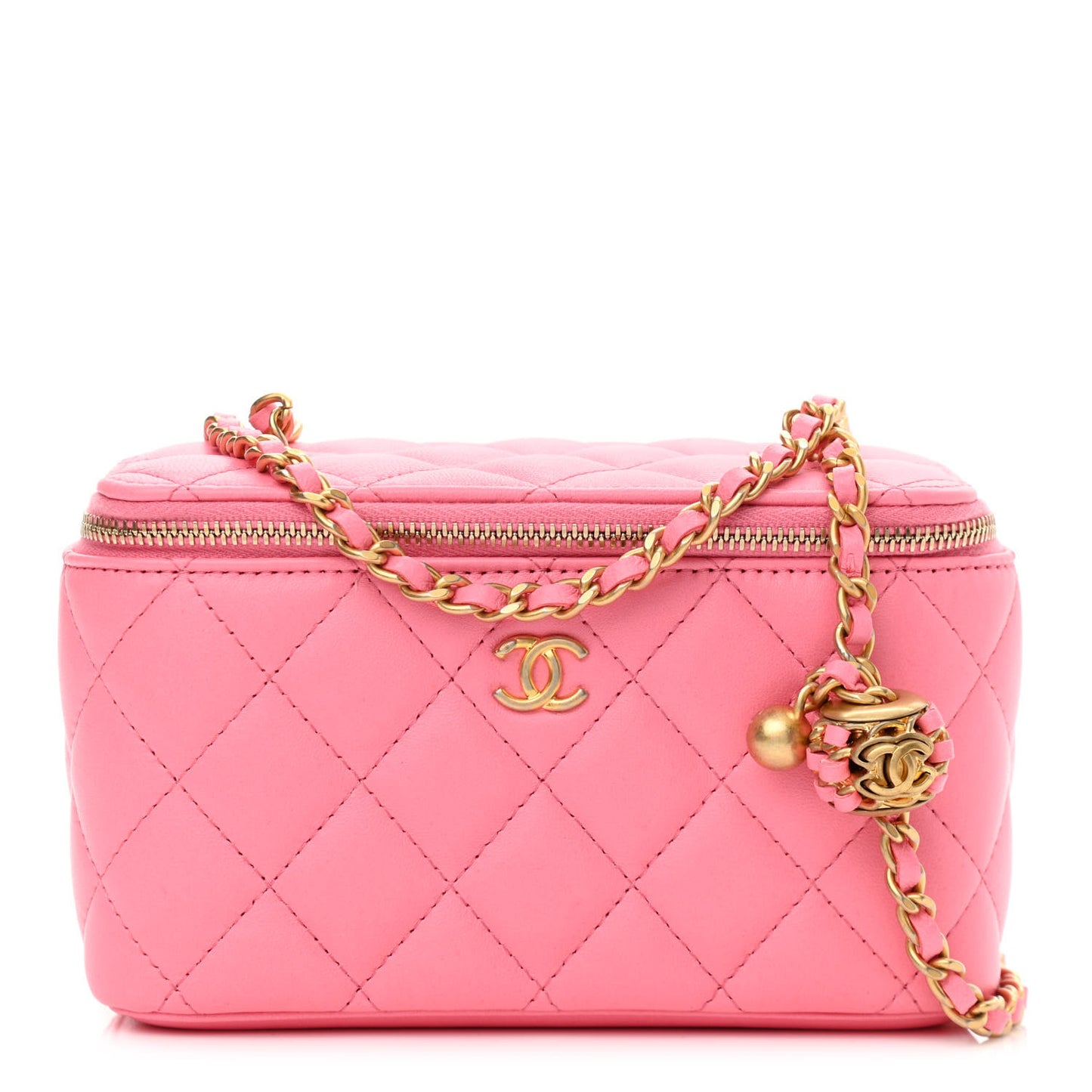 Lambskin Quilted Small Pearl Crush Vanity Case With Chain Pink
