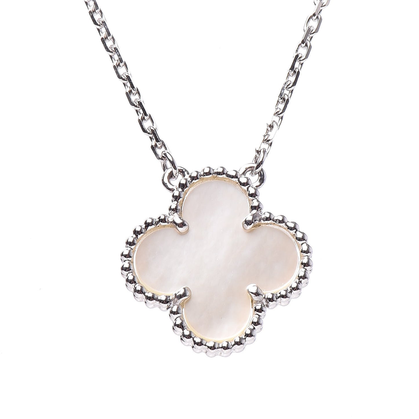 18K White Gold Mother of Pearl Vintage Alhambra Pendant Necklace