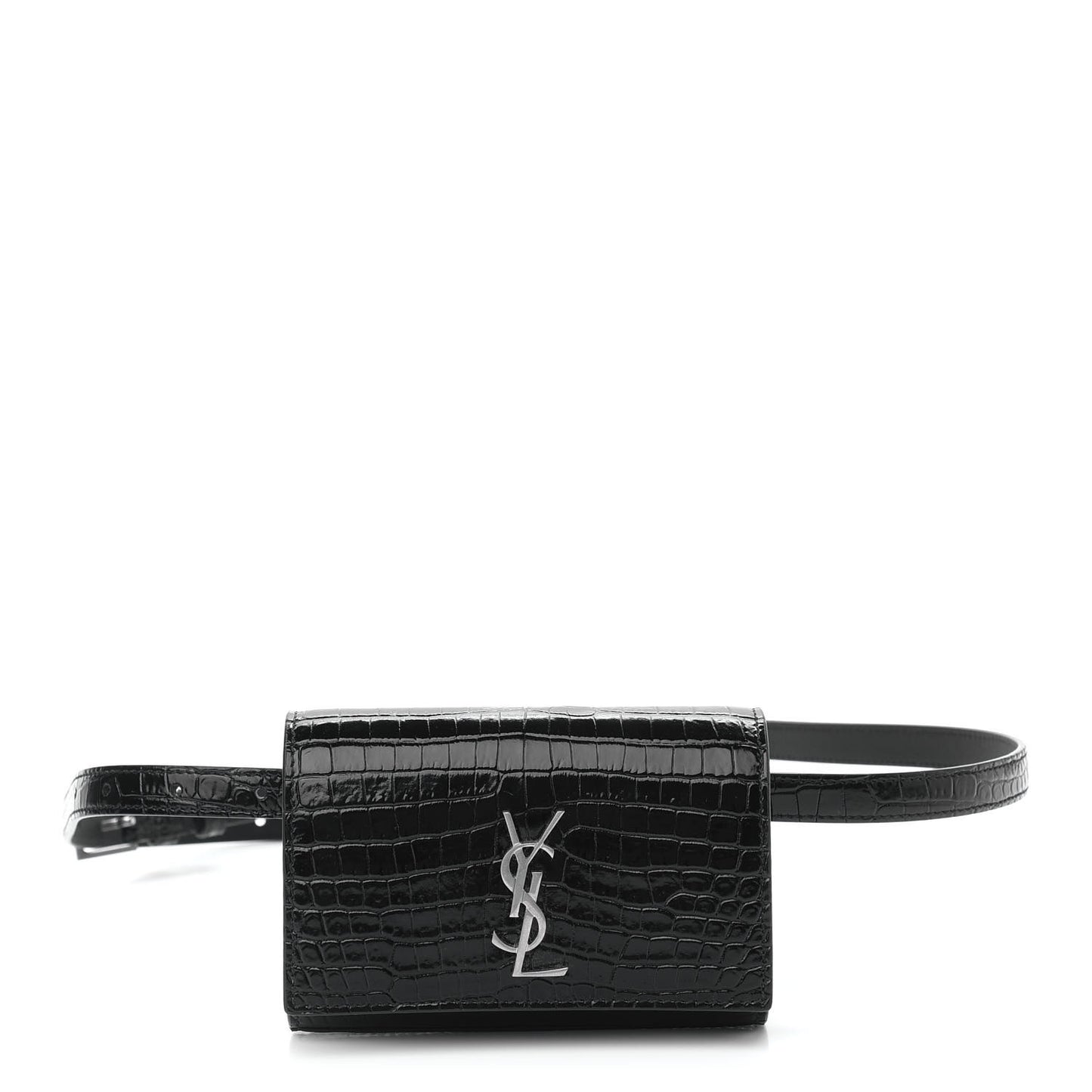 Calfskin Crocodile Embossed Monogram Kate Belt Bag Black