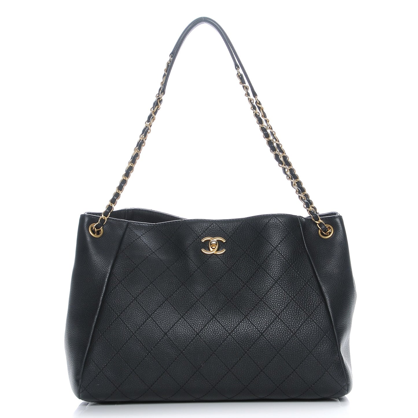 Grained Calfskin Quilted Large Supple Rock Shopping Tote Black