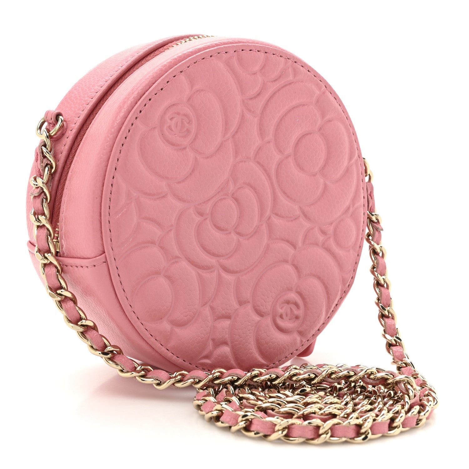 Chanel Caviar Camellia Embossed Round Clutch With Chain Pink 3 of 11